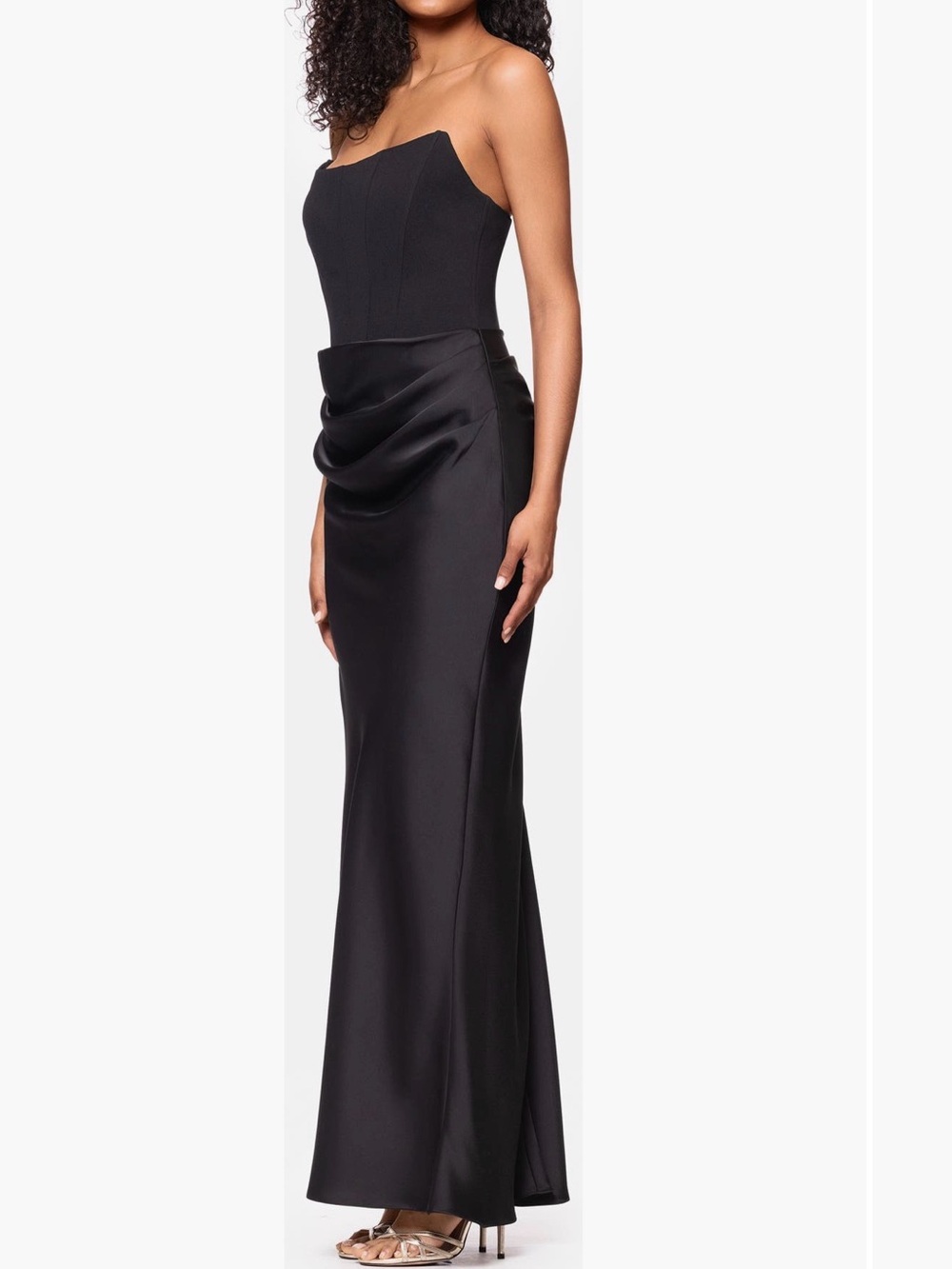 Betsy & Adam Black Strapless Mixed-Media Evening Gown